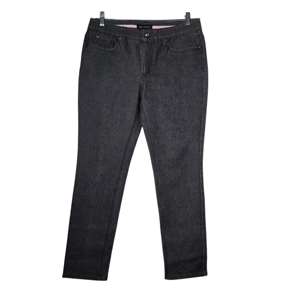 Pink Tartan Black Slim Leg Jeans Size 8 Mid Rise Stretch Denim